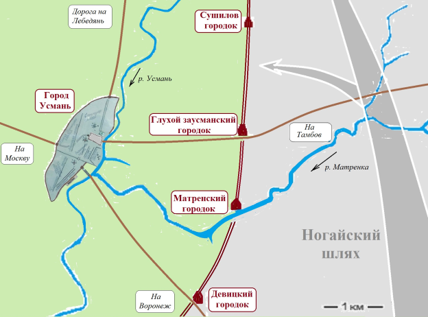 Схема расположения караульных городков «Усманской черты»