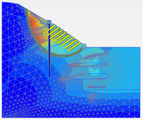 Перемещения откоса при варианте усиления одним рядом буронабивных свай (диаметр свай D = 1,0 м; шаг свай в ряду — 2,0 м)
