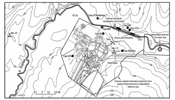 Схема расположения минеральных источников курорта «Красноусольск» [1]
