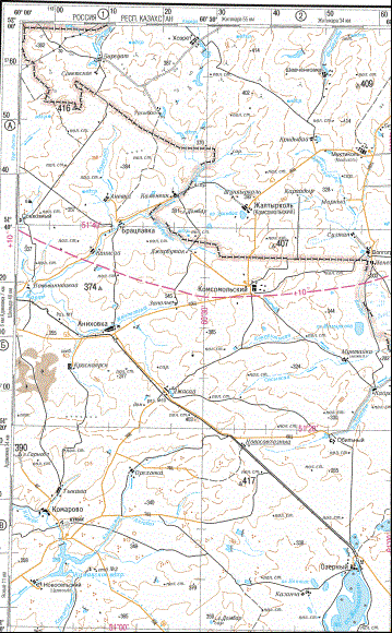 Район пролегания узкоколейной железной дороги на топографической карте M-41–1. Показаны Разъезд № 7 (только лишь в виде населённого пункта — пристанционного посёлка, как раздельный пункт не показан), станция Аниховка, Разъезд № 10, станция Новосовхозная, станция Совхоз Озёрный