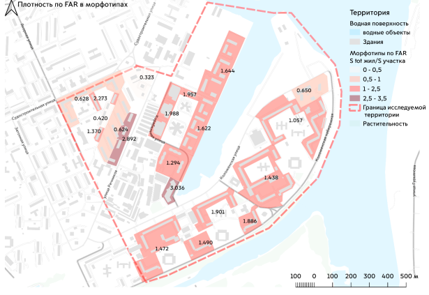 Анализ территории у Нагатинского затона на предмет плотности участков по показателю FAR (Коэффициенту использования территории)