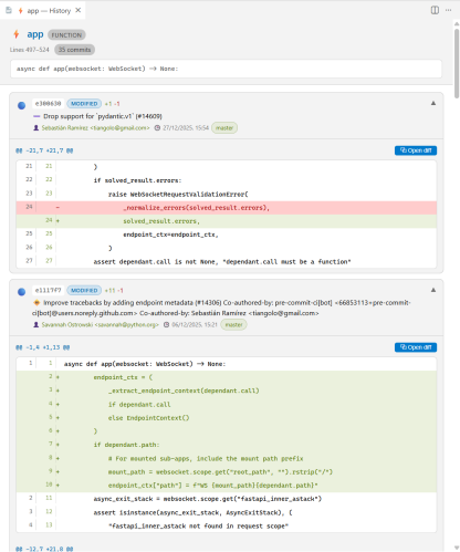 Интерфейс ленты карточек коммитов с отображением дифференциальных блоков
