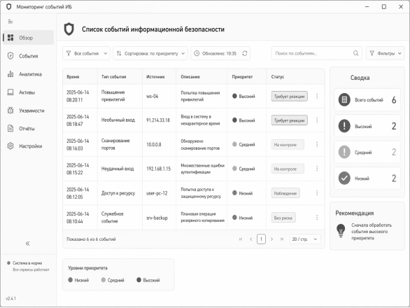 Пример интерфейса программы с отсортированными событиями