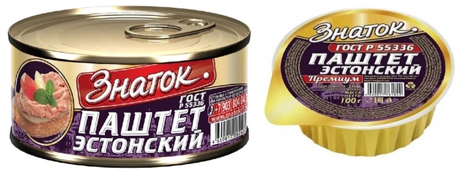 Паштет «Эстонский» и паштет «Эстонский» Премиум Ламистер (оба — торговой марки «Знаток»). Источники: Паштет «Эстонский» // ООО «Знаток». URL: https://znatokrf.ru/produkcia/myasnaya_znatokrf/znatokrf_pashtet-estonskiy-230 (дата обращения: 04.03.2026), Паштет «Эстонский» Премиум Ламистер // ООО «Знаток». URL: https://znatokrf.ru/produkcia/myasnaya_znatokrf/znatokrf_pashtet-estonskiy-premium-100 (дата обращения: 04.03.2026)