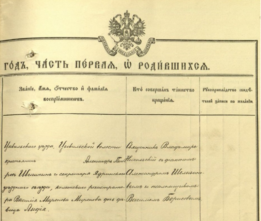 Фрагмент метрической книги Троицкой церкви города Ядрина с записью о рождении 13 февраля 1912 года Зои Васильевны Мироновой. Источник: ГИАЧР. Ф. 557. Оп. 9. Д. 456. Лл. 84-об., 85