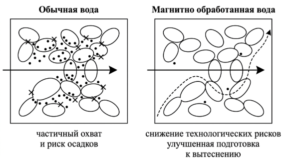 Условное сравнение фильтрационного поведения обычной и магнитно обработанной воды при выборе вытесняющей жидкости