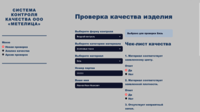Интерфейс формы «Новая проверка»