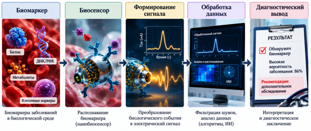 Обобщённая схема диагностического процесса на основе наноробототехнической биосенсорной системы