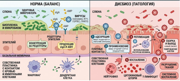 Схема взаимодействия вирусных агентов с эпителием полости рта и роль микробиома [2, 5]
