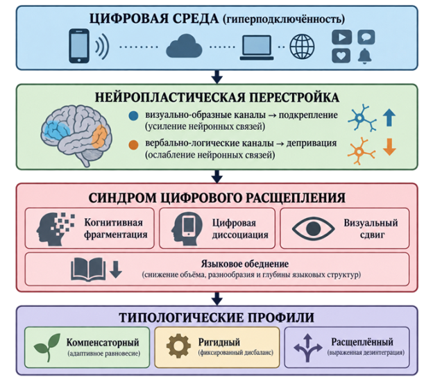 Концептуальная модель нейропсихолингвистического профиля синдрома цифрового расщепления. Составлено на основе [1; 5; 6; 7; 11; 12]