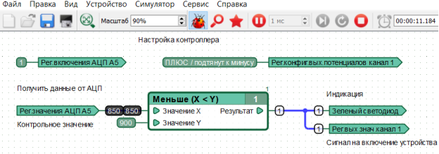 Пример реализации порогового регулятора в режиме симулятора CannyLab