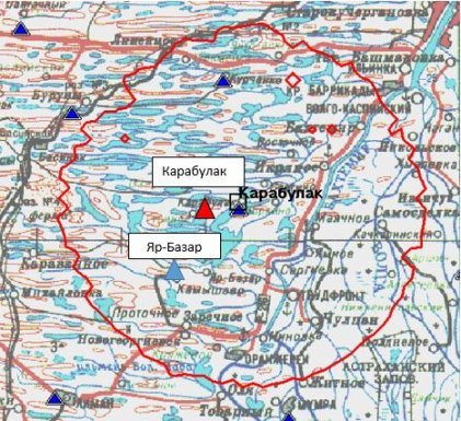Зона покрытия, рассчитанная в «ПИАР» для РТС Карабулак