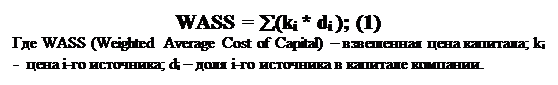 Text Box: WASS = å(ki * di ); (1)
Где WASS (Weighted Average Cost of Capital) – взвешенная цена капитала; ki - цена i-го источника; di – доля i-го источника в капитале компании.
