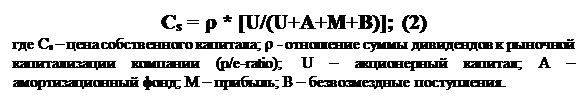 Text Box: Cs = r * [U/(U+A+M+B)]; (2)
где Cs – цена собственного капитала; r - отношение суммы дивидендов к рыночной капитализации компании (p/e-ratio); U – акционерный капитал; А – амортизационный фонд; М – прибыль; В – безвозмездные поступления.
