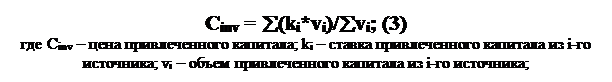 Text Box: Cinv = å(ki*vi)/åvi; (3)
где Cinv – цена привлеченного капитала; ki – ставка привлеченного капитала из i-го источника; vi – объем привлеченного капитала из i-го источника;
