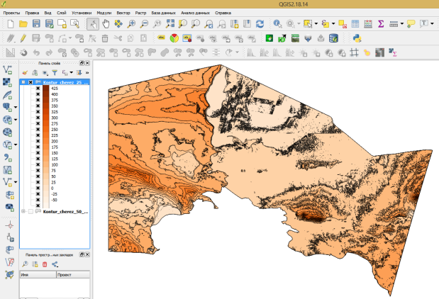 Карта рельефа с шагом горизонталей 25м. (в программах QGIS)