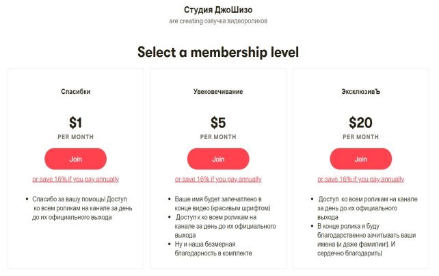 Преимущества для спонсоров на Patreon (на примере Студии ДжоШизо) [12]