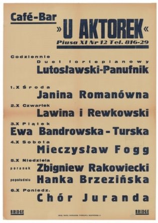 Афиша выступлений фортепианного дуэта Лютославский-Пануфник в кафе «У актрис» (октябрь 1941 года)