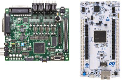 Отладочные платы: слева — EVAL-21489-EZLITE ($495), справа — STM32 Nucleo-144 STM32H743ZI ($27)