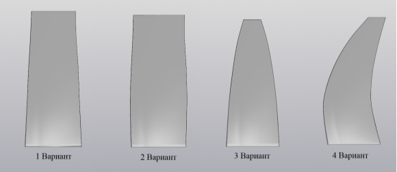 Трехмерный вид различных исполнений ВВ: 1 — Парусность =1; 2 — Парусность = 1,2; 3 — Парусность =0,42; 4 — Парусность =0,42 с выносом Ц.М