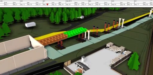 4D-модель строительства путепровода у пл. Перхушково. Возведение пролетных строений и подпорной стенки подходного участка.