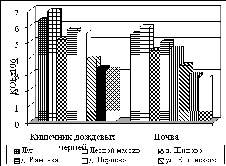 Общее количество микроорганизмов в кишечнике дождевых червей и прилегающей почве