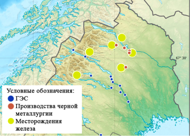 Расположение на севере Швеции ГЭС, комплексов черной металлургии и месторождений железа