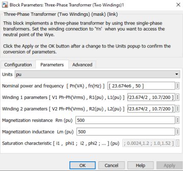Изображение блока тягового трасформатора в MatLab/Simulink и его параметры