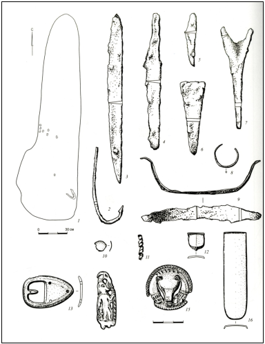 Барсовский V могильник. 2–16 — находки. 2–7, 9 — железо, 8, 10–16 — бронза (по К. Г. Карачарову) [3, с. 172]