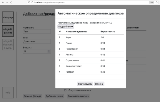 Модальное окно с результатом байесовского вывода
