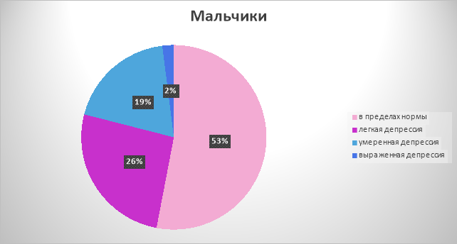 Результаты анкетирования по шкале самооценки депрессии Цунга (Zung Self-Rating Depression Scale, SDS) у мальчиков