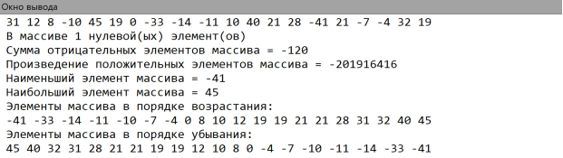 Результат работы программы по обработке одномерного массива с целыми числами