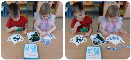 Выкладывание на шаблоне элементов украшений гжельской росписи