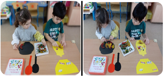 Выкладывание на шаблоне элементов и украшений хохломской росписи