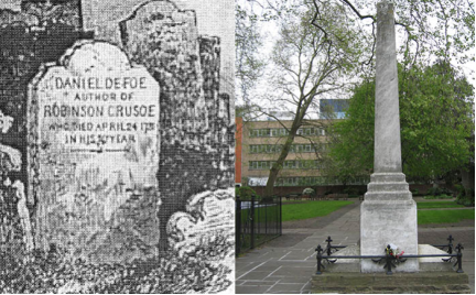 Старая надгробная плита Даниэля  Дефо и современный памятник автору.