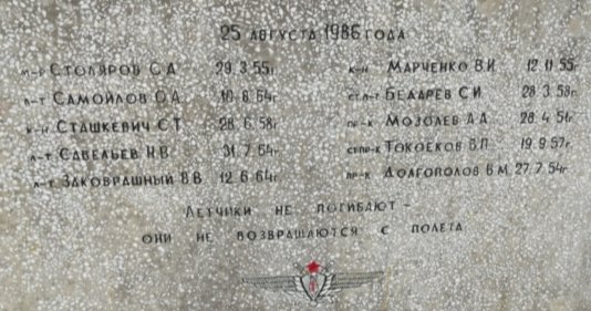 Список погибшего экипажа. В момент взрыва на борту было более 120 литров жидкого кислорода и 40 тонн керосина. Момент катастрофы был ужасен. 11-й член экипажа — оператор радиотехнической разведки прапорщик Звягинцев — без команды успел покинуть кормовую кабину самолёта в уже неуправляемом его полёте на высоте всего 250–200 м, «принудительно раскрыл парашют» и благополучно приземлился «на небольшой стог сена» [3]