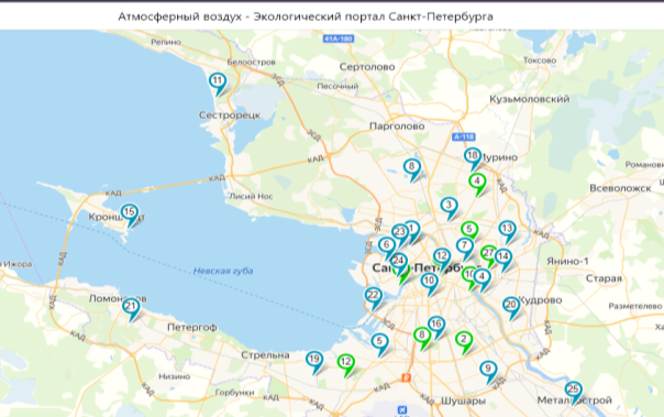 Карта государственной сети наблюдений и автоматизированной системы мониторинга атмосферного воздуха Санкт-Петербурга