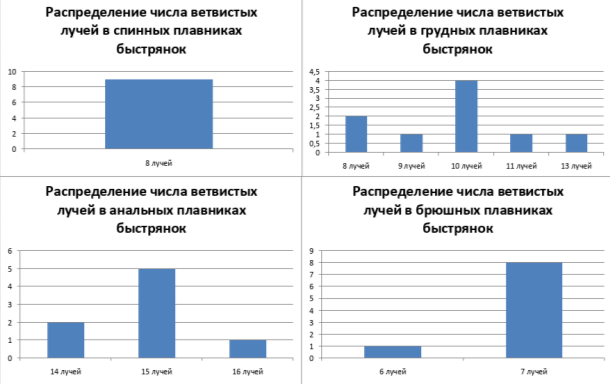 Распределение числа ветвистых лучей в плавниках быстрянок