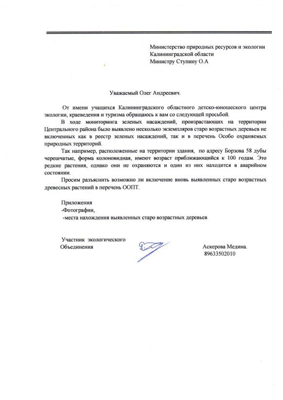 Обращение в мэрию г. Калининграда и Министерство экологии и природных ресурсов Калининградской области по вопросу включения тех или иных деревьев в перечень ООПТ