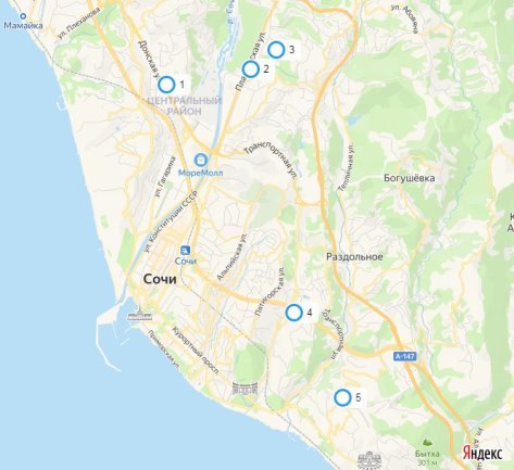 Фрагмент карты Сочи с точками измерений: 1 — ул. Чехова, 5; 2 — ул. Пластунская, 94; 3 — ул. Вишневая, 31; 4 — ул. Яна Фабрициуса, 26А/1; ул. Ясногорская, 3