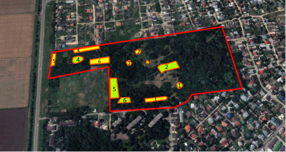 Расположение учетных площадок в дендрарии ФГБНУ «СКФНАЦ. Примечание: зеленым отмечены учетные площадки произрастания сосны (Pinus), желтым — учетные площадки произрастания березы повислой (Betula pendula)