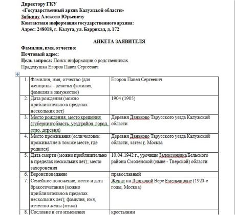Запрос о рождении нашего прапрадедушки П. С. Егорова в Государственный архив Калужской области