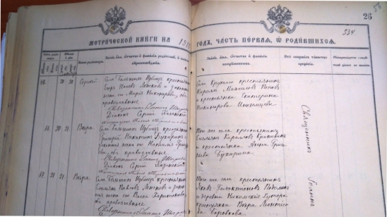 Запись о рождении нашей прапрабабушки В. Е. Лашковой в метрической книге, хранящейся в Государственном архиве Липецкой области