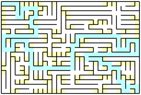 A maze with black lines and blue and yellow squares

AI-generated content may be incorrect.