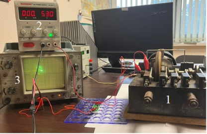 Экспериментально-измерительный комплекс: 1 — виброгенератор; 2 — источник постоянного напряжения; 3 — осциллограф