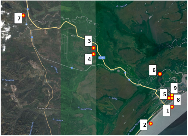 Исследованные участки на карте г. Поронайска и Поронайского района (масштаб 1:2000) [11] (номер участка указан рядом с точкой)