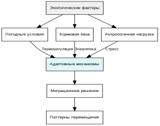 Структурная схема взаимосвязи ключевых экологических детерминант и механизмов миграционной активности снегирей