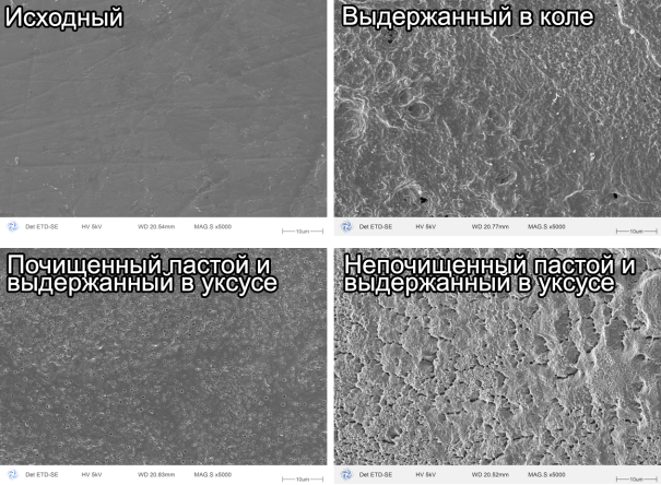 Микроскопические изображения поверхности эмали зубов при различных условиях их обработки