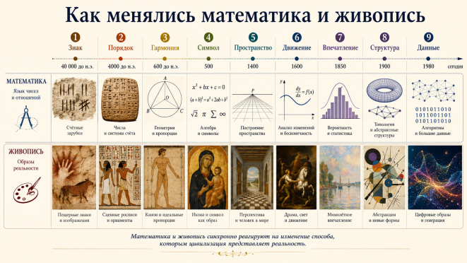 Единая временная шкала развития математики и живописи: от знака и счётных зарубок до цифровых данных и генеративного изображения. Авторская многокомпонентная иллюстрация, подготовленная с помощью цифрового инструментом по авторскому заданию; изображения являются стилизованными реконструкциями и не копируют конкретные музейные объекты. Концептуальная основа: историческая периодизация и источники [1–9]