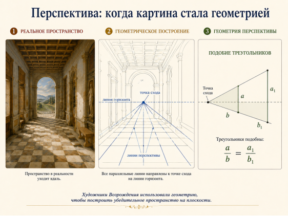 Перспектива как геометрическое построение пространства на плоскости. Авторская иллюстрация, подготовленная с помощью цифрового помощника: левая часть — стилизованная ренессансная архитектурная сцена, средняя часть — схема линии горизонта и точки схода, правая часть — учебная схема подобия треугольников. Иллюстрация не является копией конкретной картины; научная основа: связь перспективы, оптики и геометрии [5]